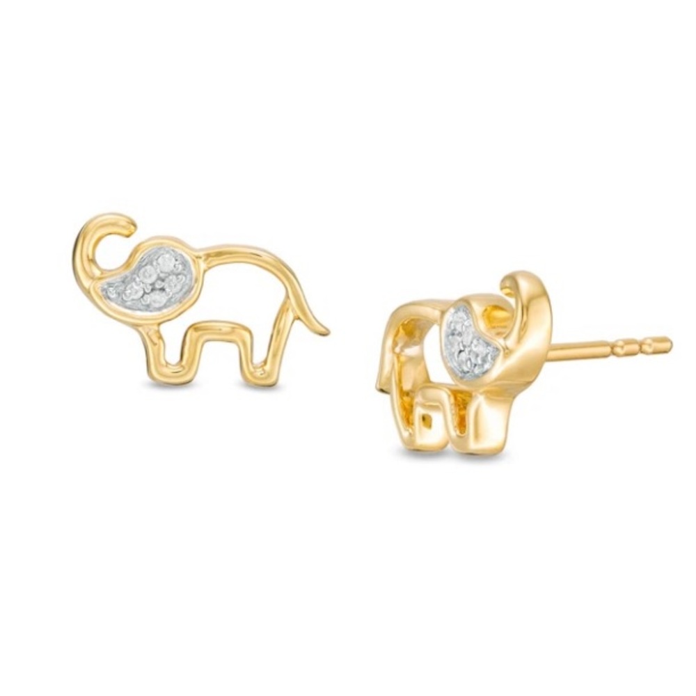 Diamond Accent Elephant Stud Earrings in Sterling Silver and 14K Gold P…